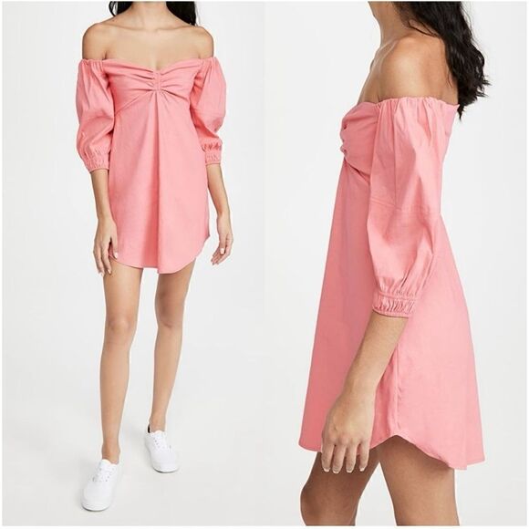 A.L.C Women’s Mila Off The Shoulder Smocked Back Linen Blend Mini Dress in Lyche - Picture 1 of 11
